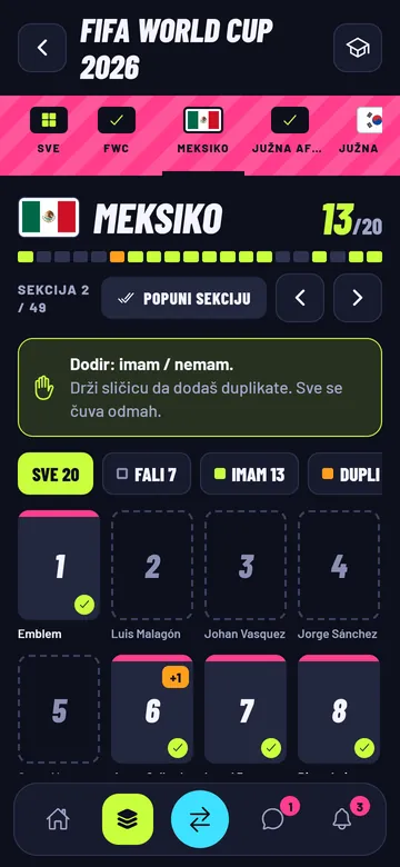 Album: sekcija Meksiko sa 13 od 20 sličica, označene imam, nemam i duplikati