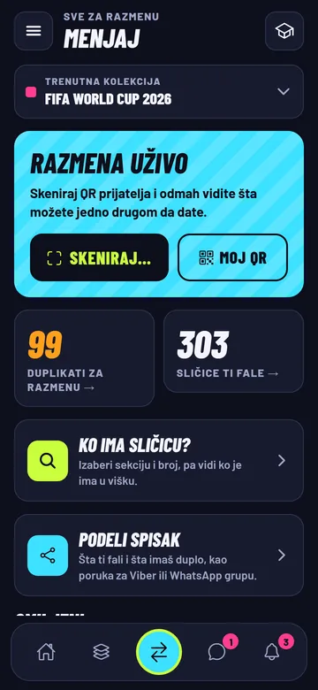 Ekran Menjaj: razmena uživo preko QR koda, broj duplikata i sličica koje fale, pretraga ko ima sličicu i deljenje spiska